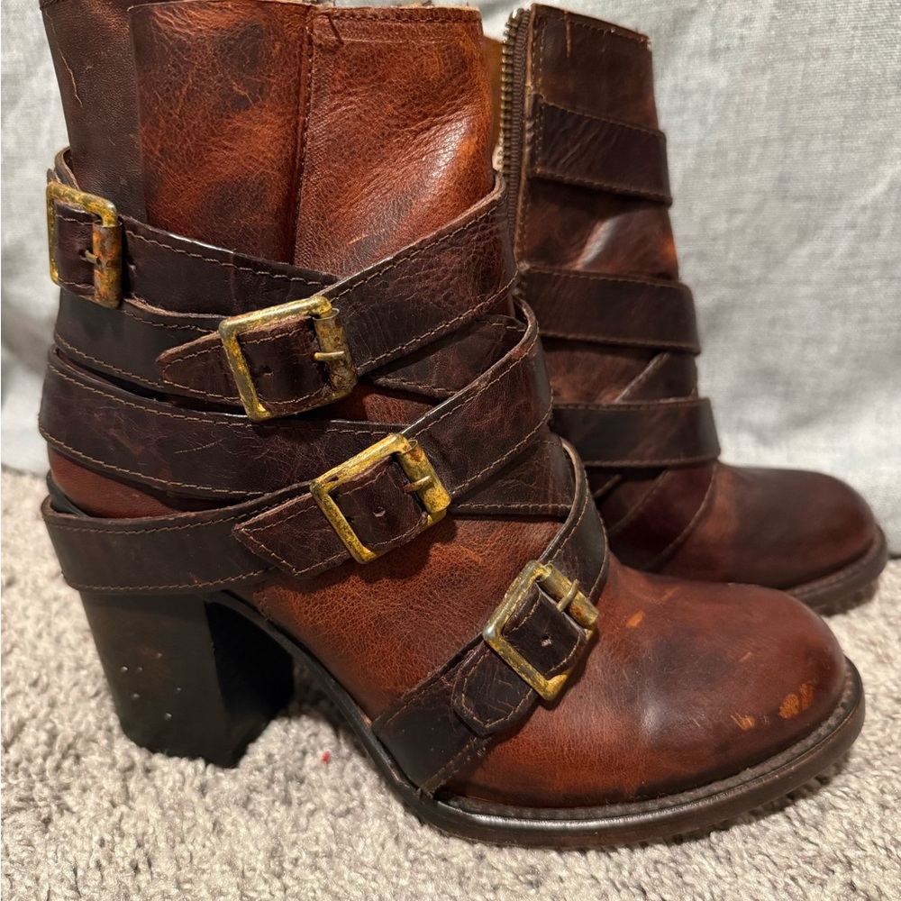 Freebird Brown Leather Buckle Strap Ankle Boots